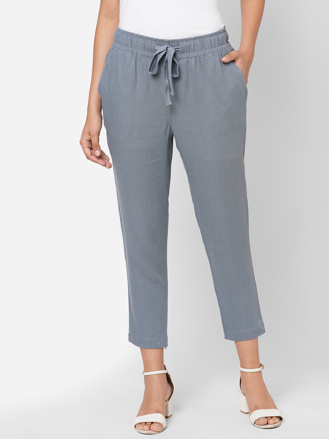 Women's Grey Linen Viscose Regular Fit Pant