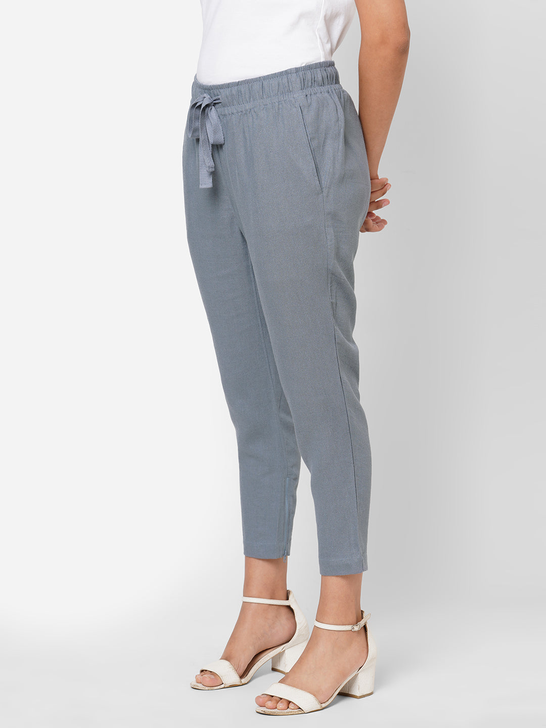 Women's Grey Linen Viscose Regular Fit Pant