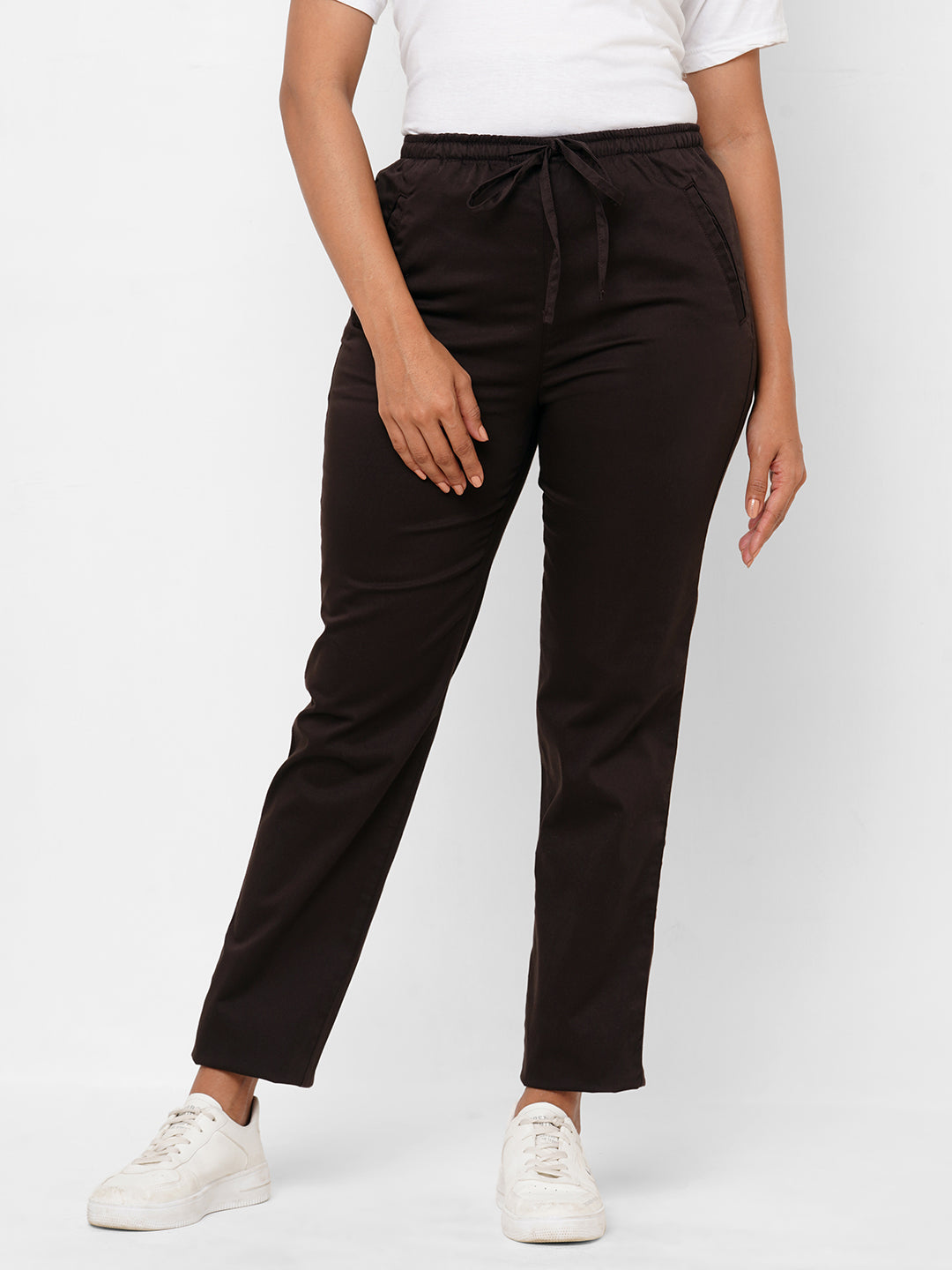 Women's Cotton Lycra Brown Regular Fit Pant