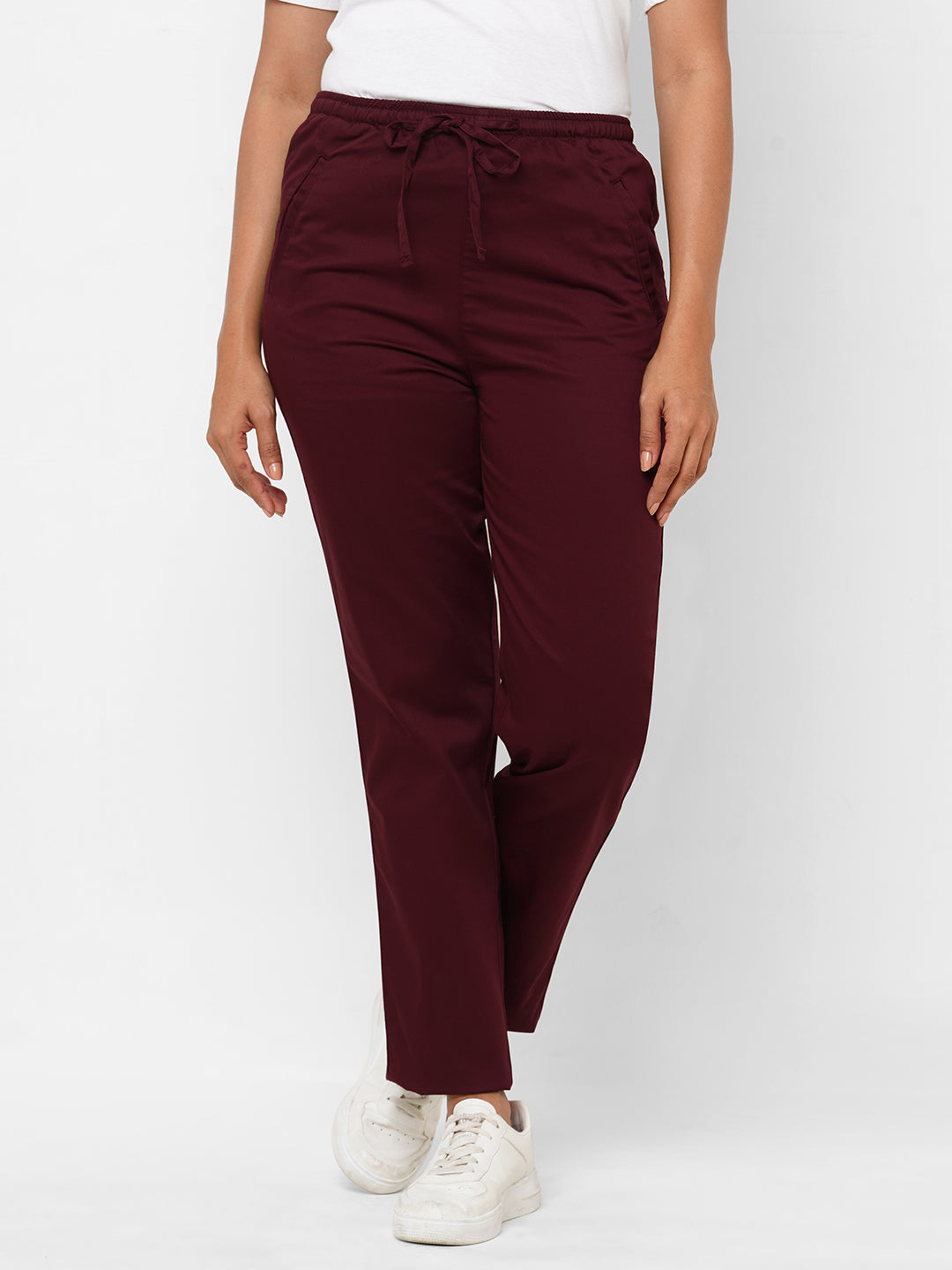 Women's Cotton Lycra Maroon/Red Regular Fit Pant