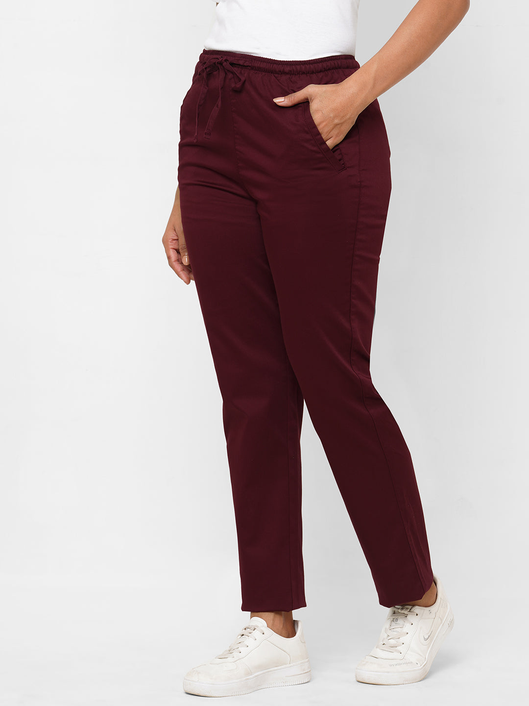 Women's Maroon/Red Cotton Lycra Regular Fit Pant