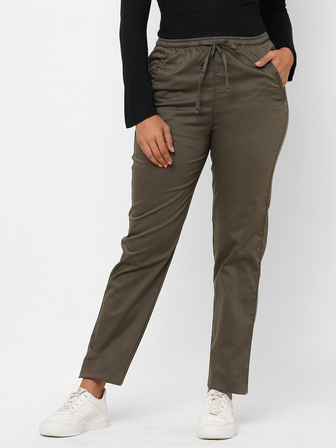 Women's Cotton Lycra Olive Regular Fit Pant