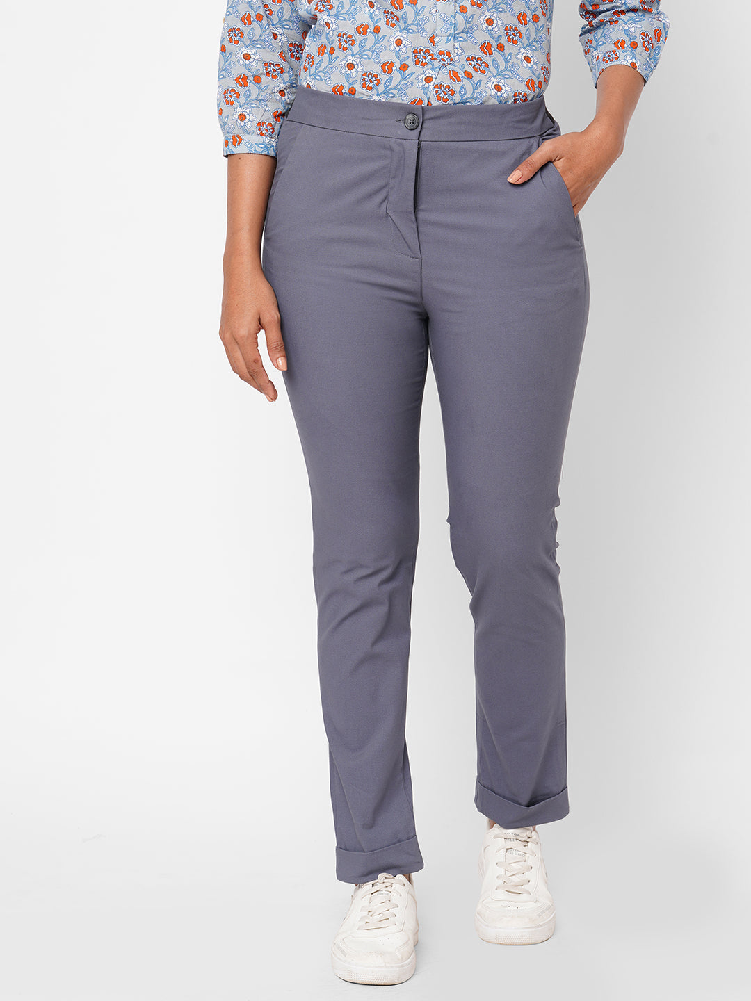 Women's Blue Cotton Lurex Slim Fit Pant