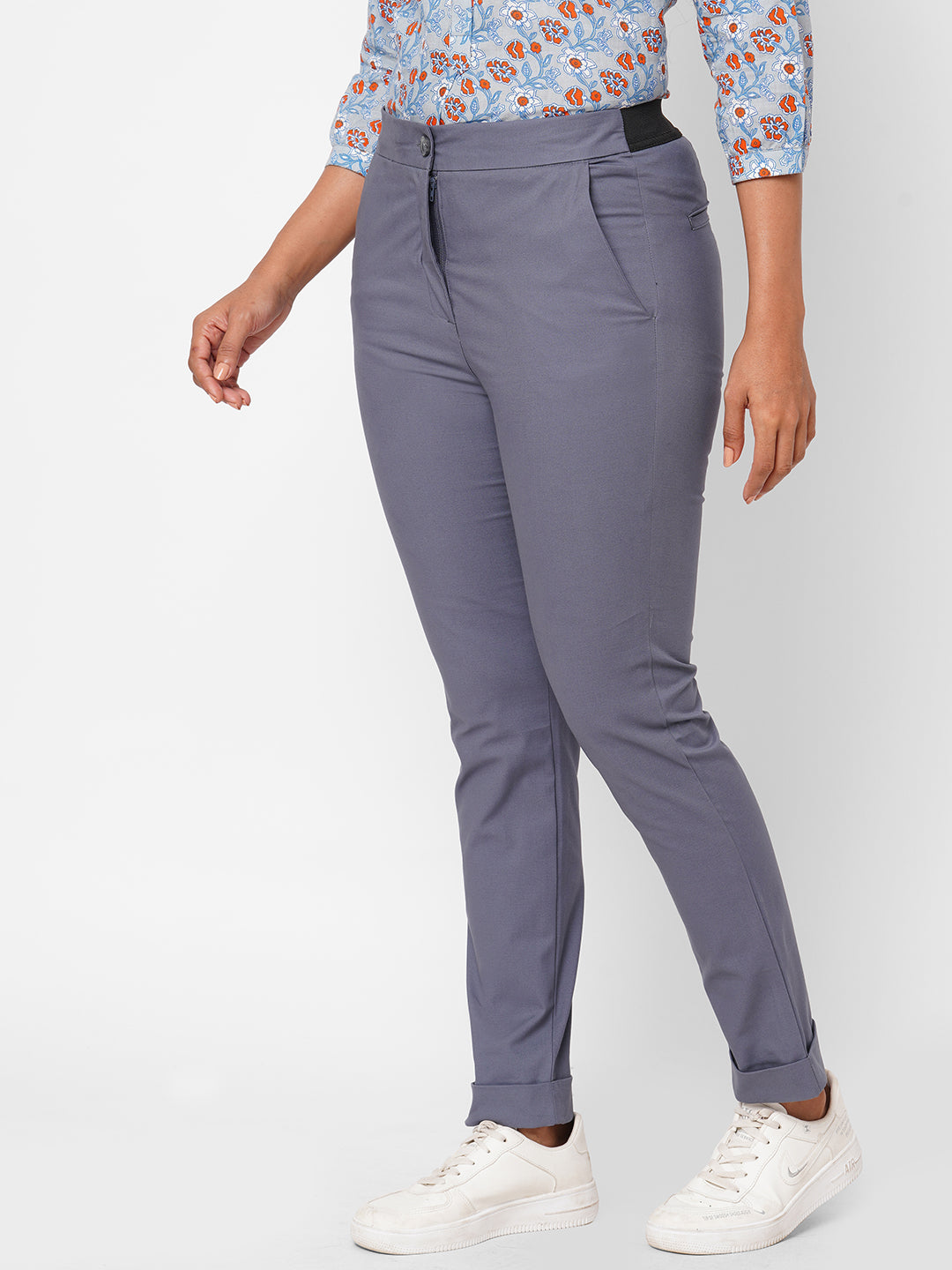 Women's Blue Cotton Lurex Slim Fit Pant