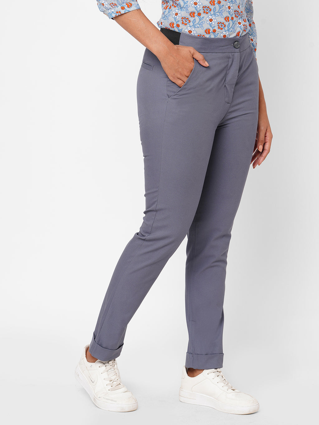 Women's Blue Cotton Lurex Slim Fit Pant