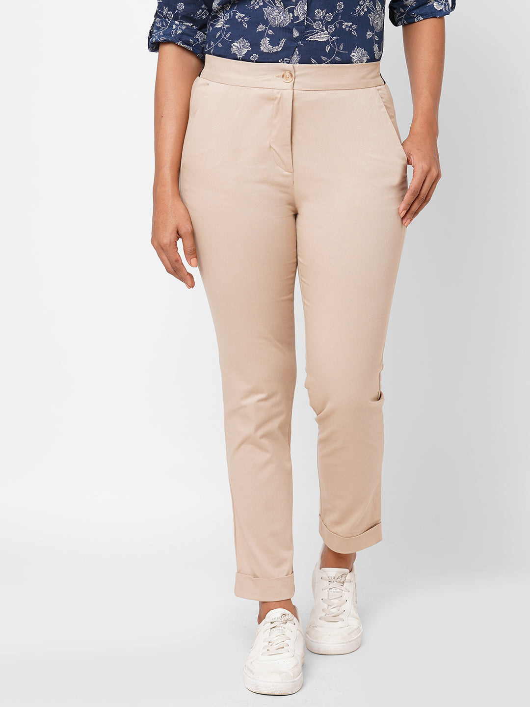 Women's Cotton Lycra Beige Slim Fit Pant