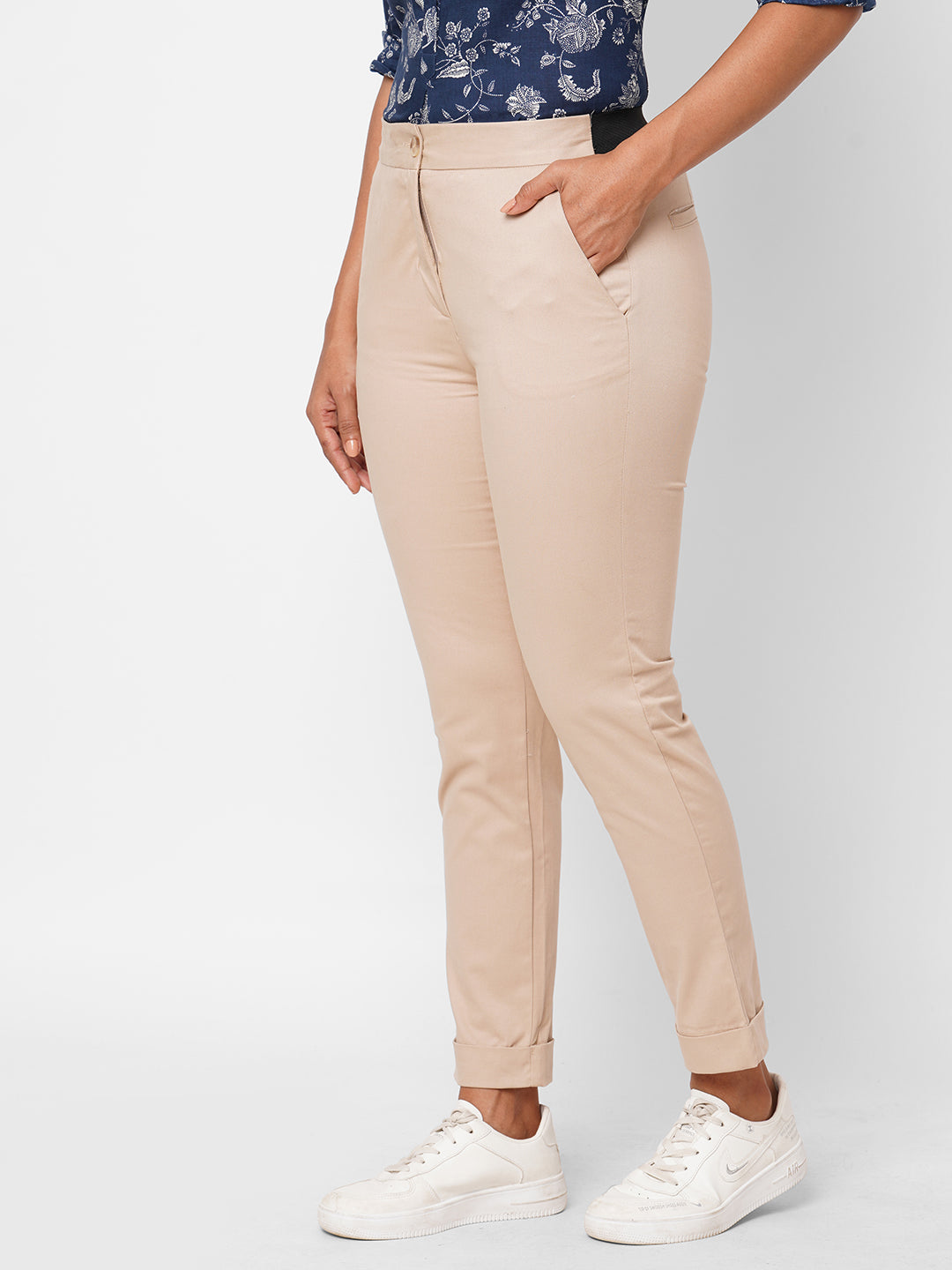 Women's Beige Cotton Lycra Slim Fit Pant