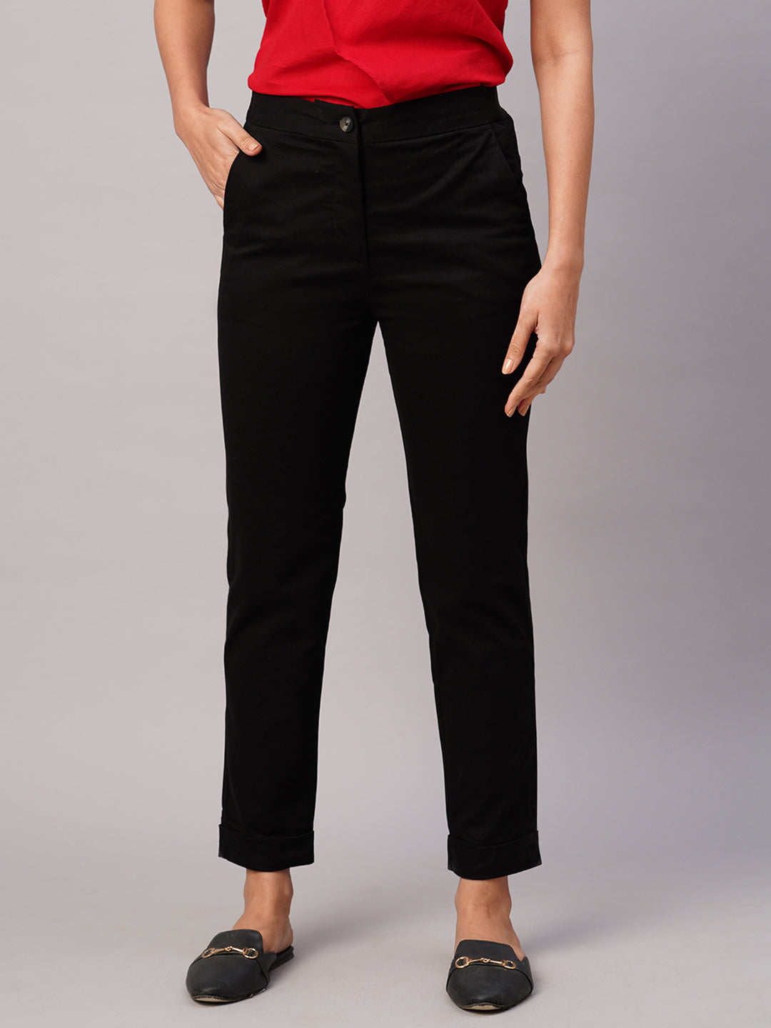 Women's Cotton Lycra Black Slim Fit Pant