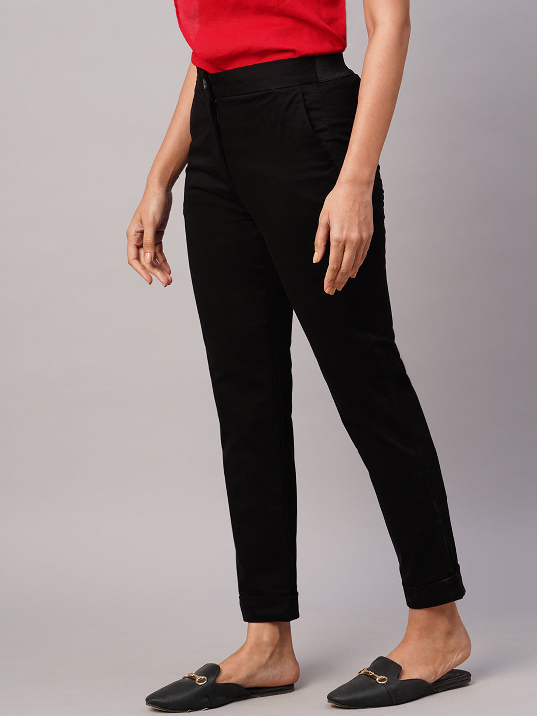 Women's Black Cotton Lycra Slim Fit Pant
