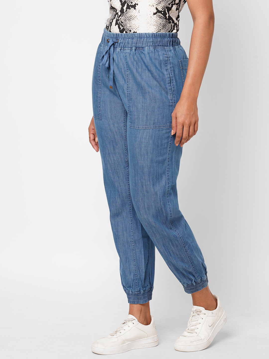 Women's Cotton Viscose Denim Blue Regular Fit Pant