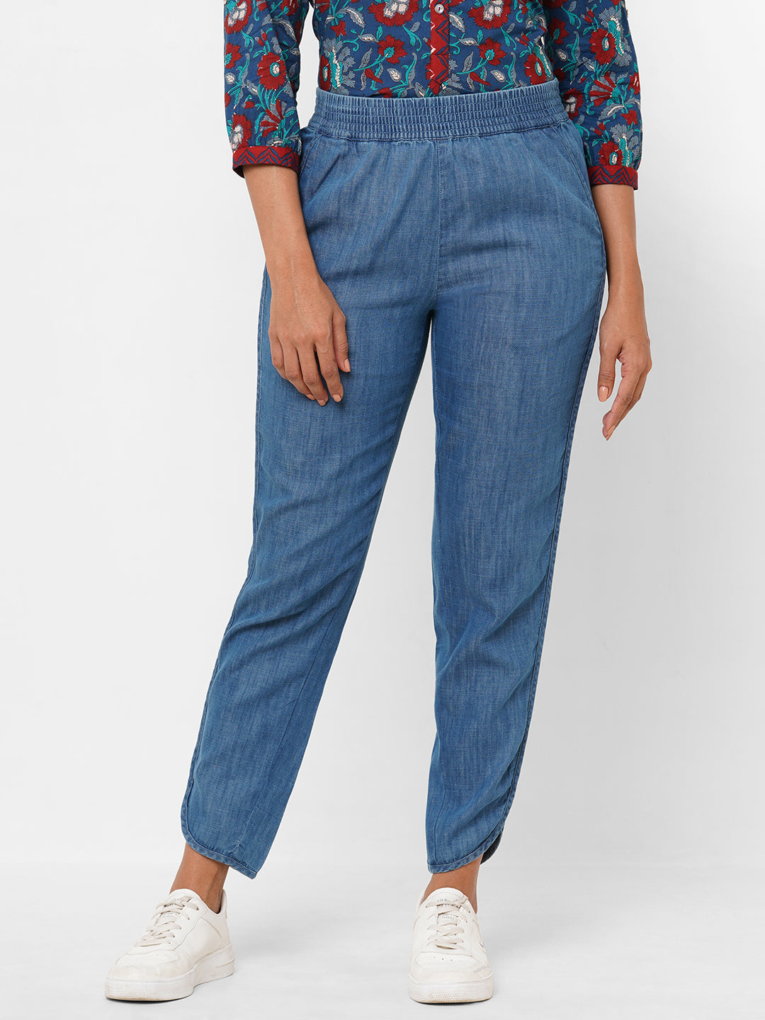 Women's Denim Blue Cotton Viscose  Regular Fit Pant
