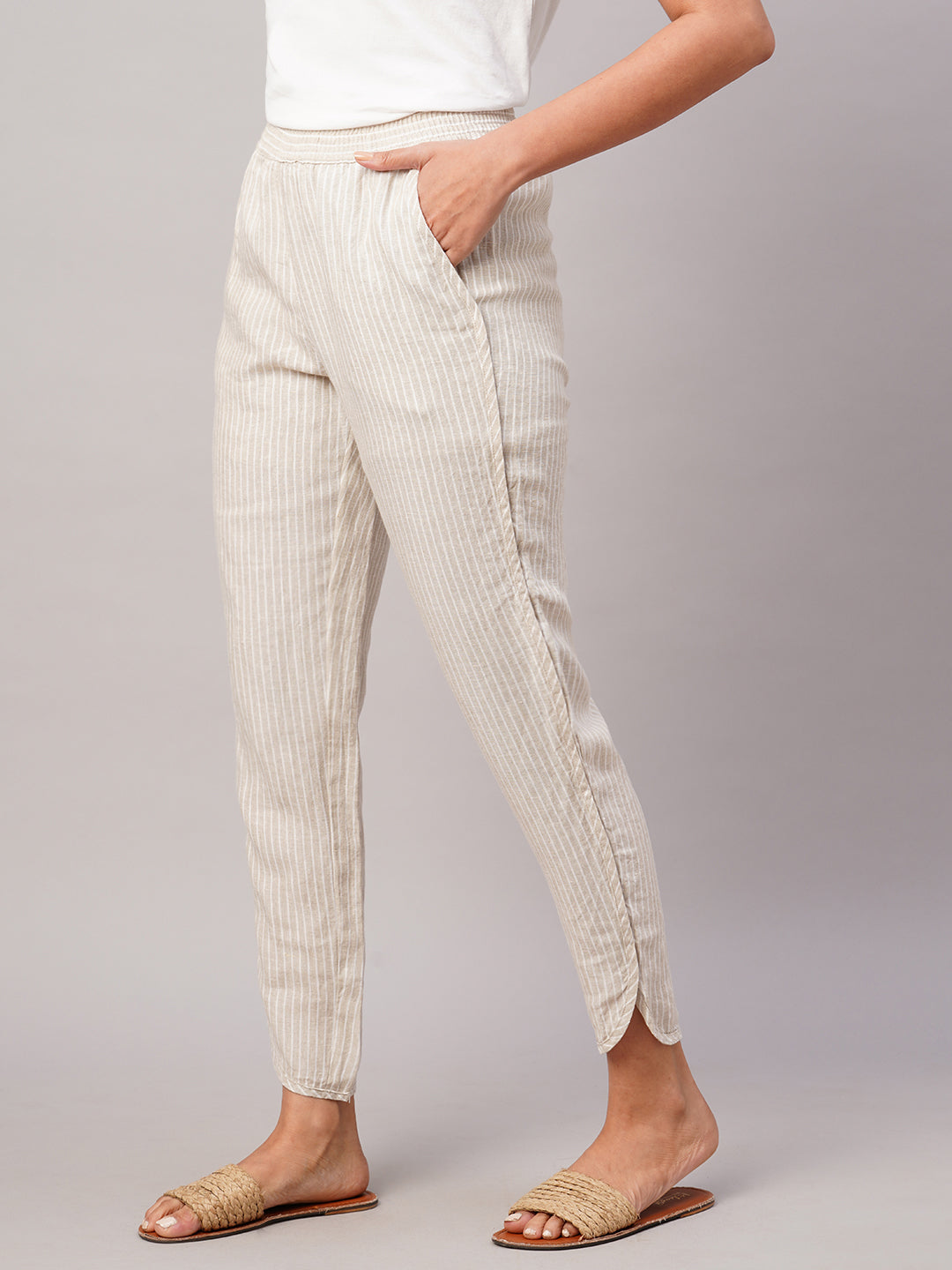 Women's Beige Linen Regular Fit Pant