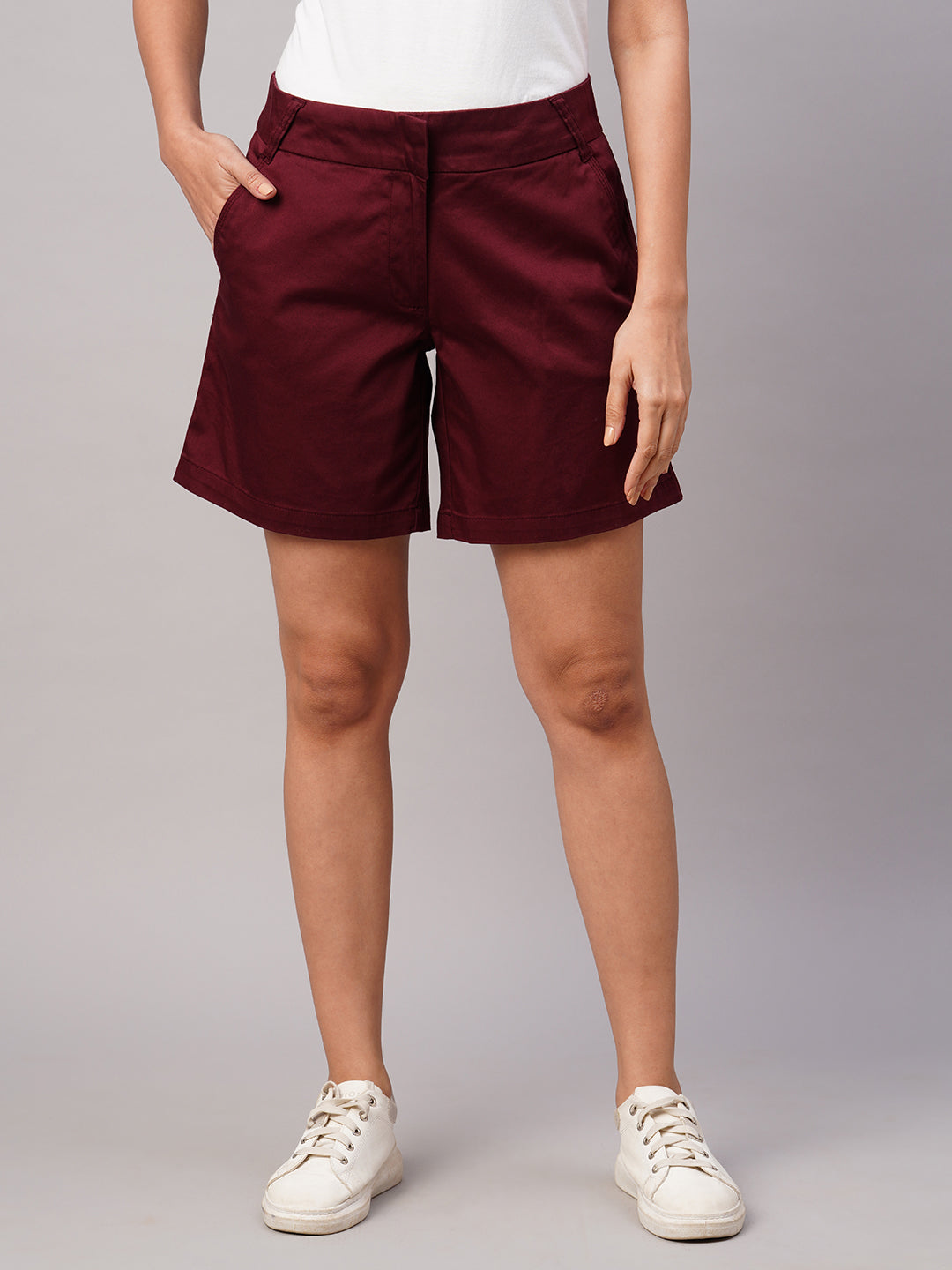 Women's Cotton Lycra Maroon/Red Regular Fit Shorts