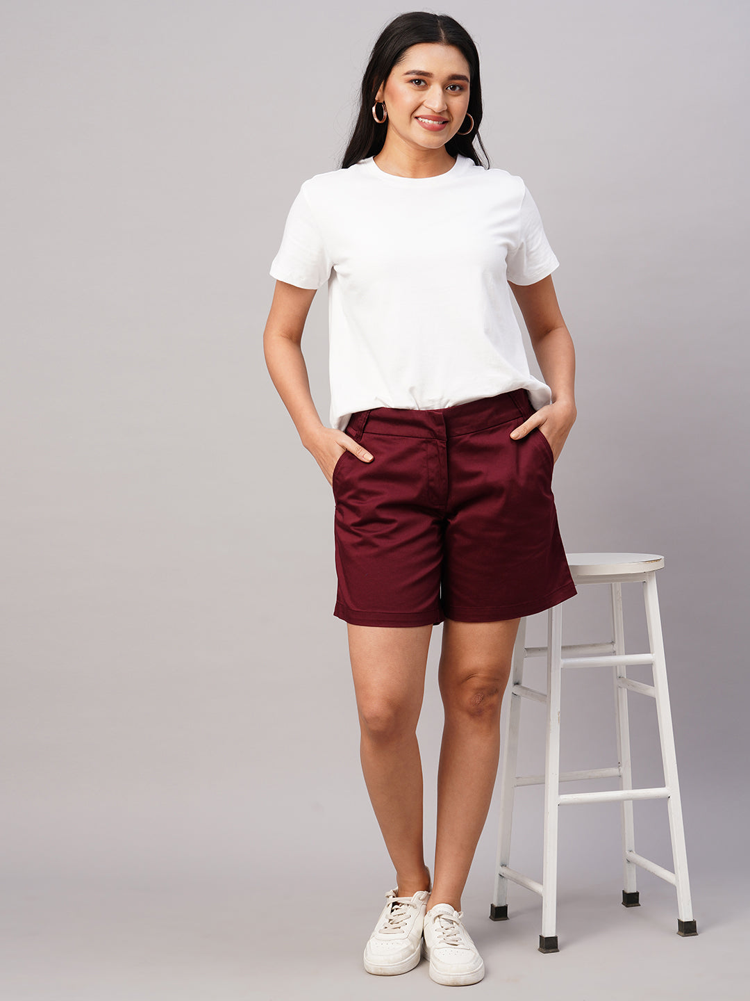 Women's Maroon/Red Cotton Lycra Regular Fit Shorts