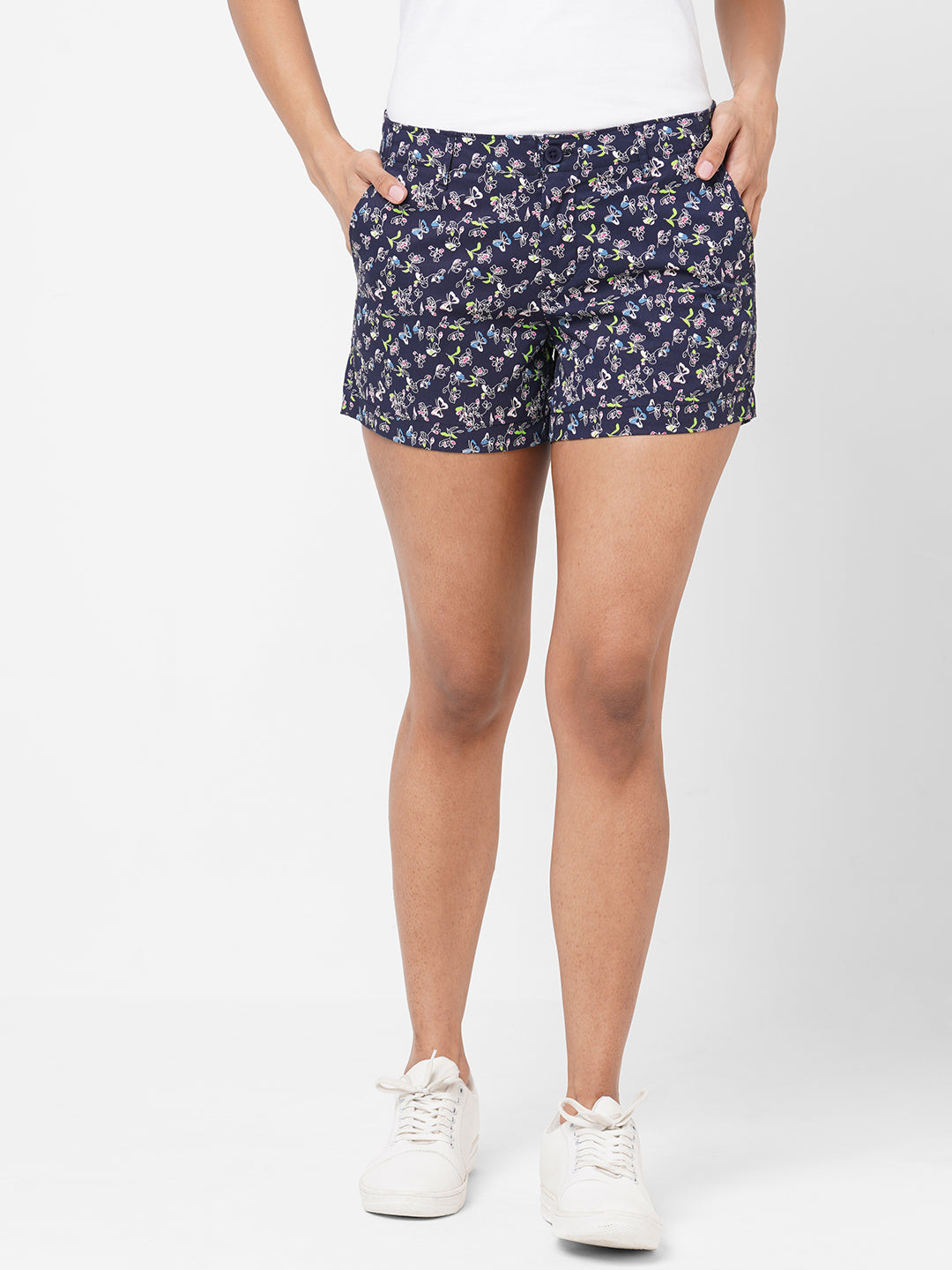 Women's Navy Cotton Lycra Regular Fit Shorts