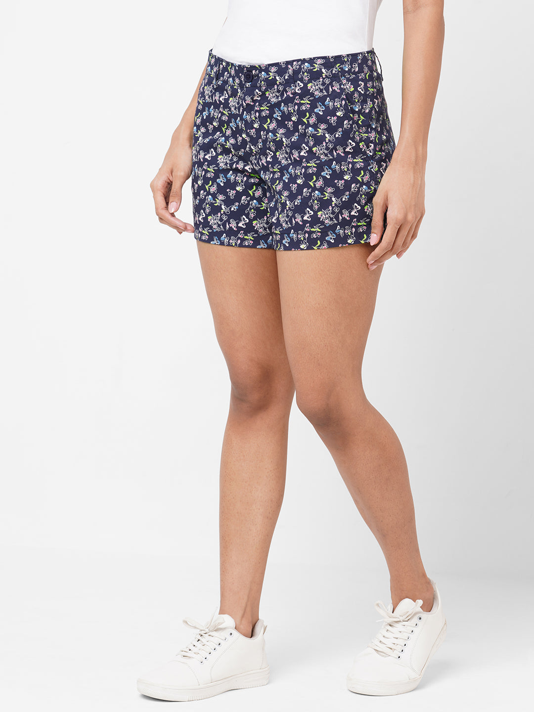 Women's Navy Cotton Lycra Regular Fit Shorts
