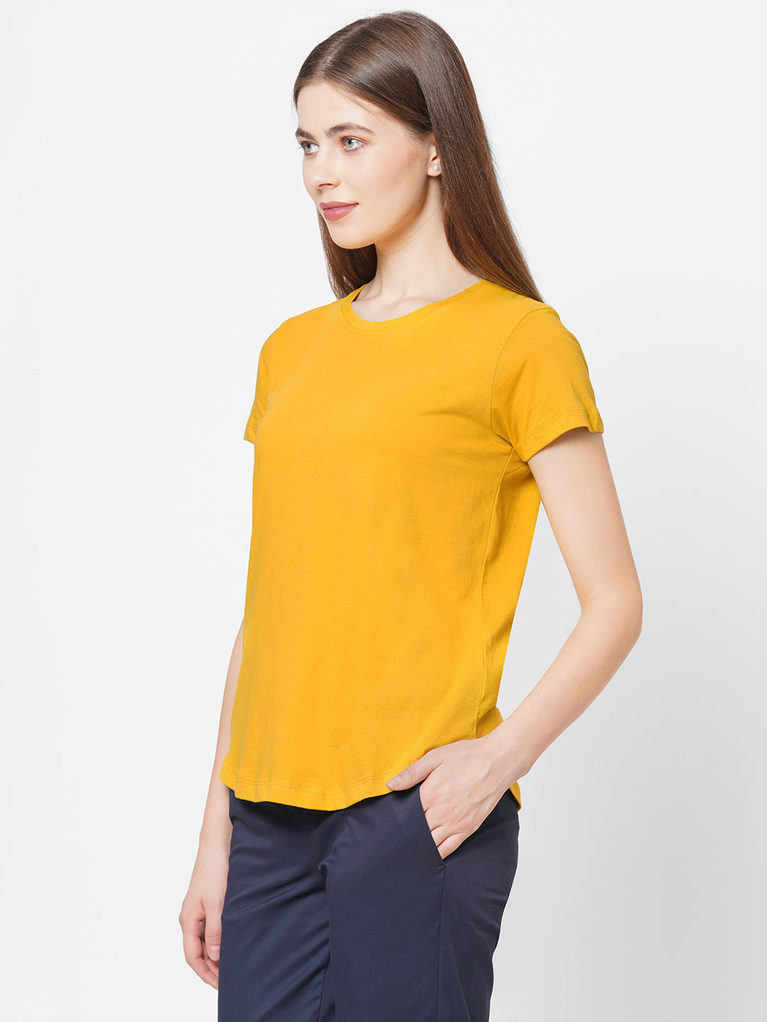 Women's Mustard Cotton Knit Regular Fit Tshirt