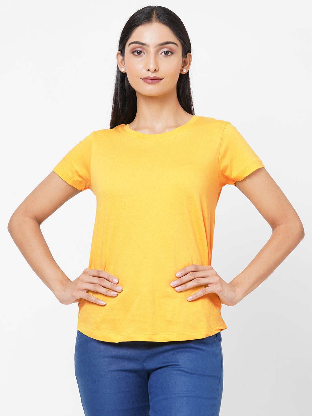 Womens Mustard Cotton Regular Fit Tshirt