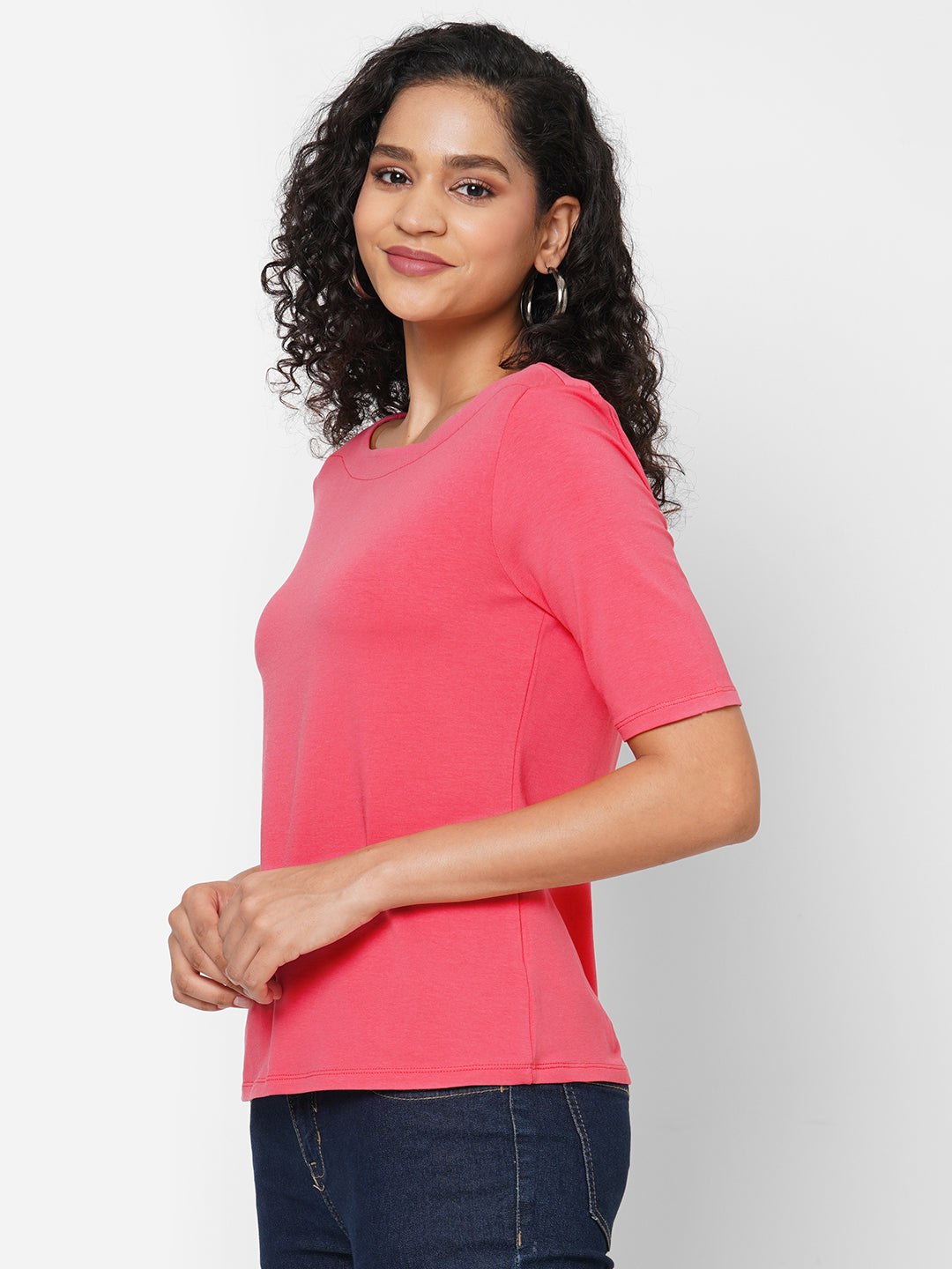 Womens Pink Cotton Elastane Regular Fit Tshirt