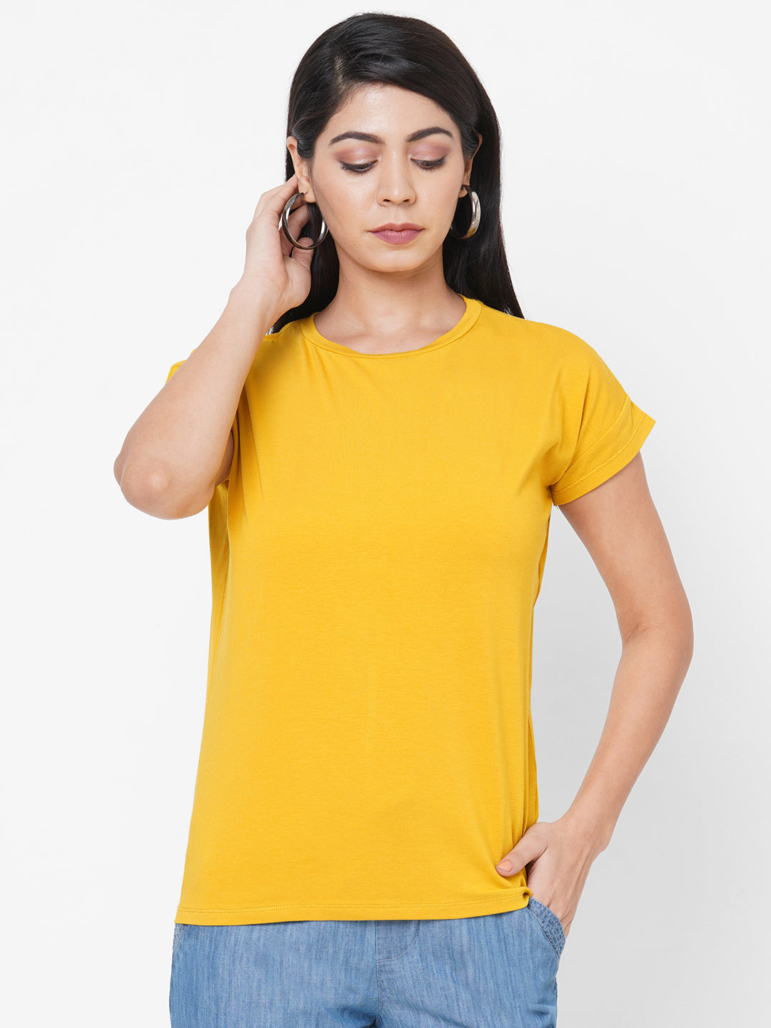 Womens Bamboo Cotton Elastane Yellow Regular Fit Tshirt