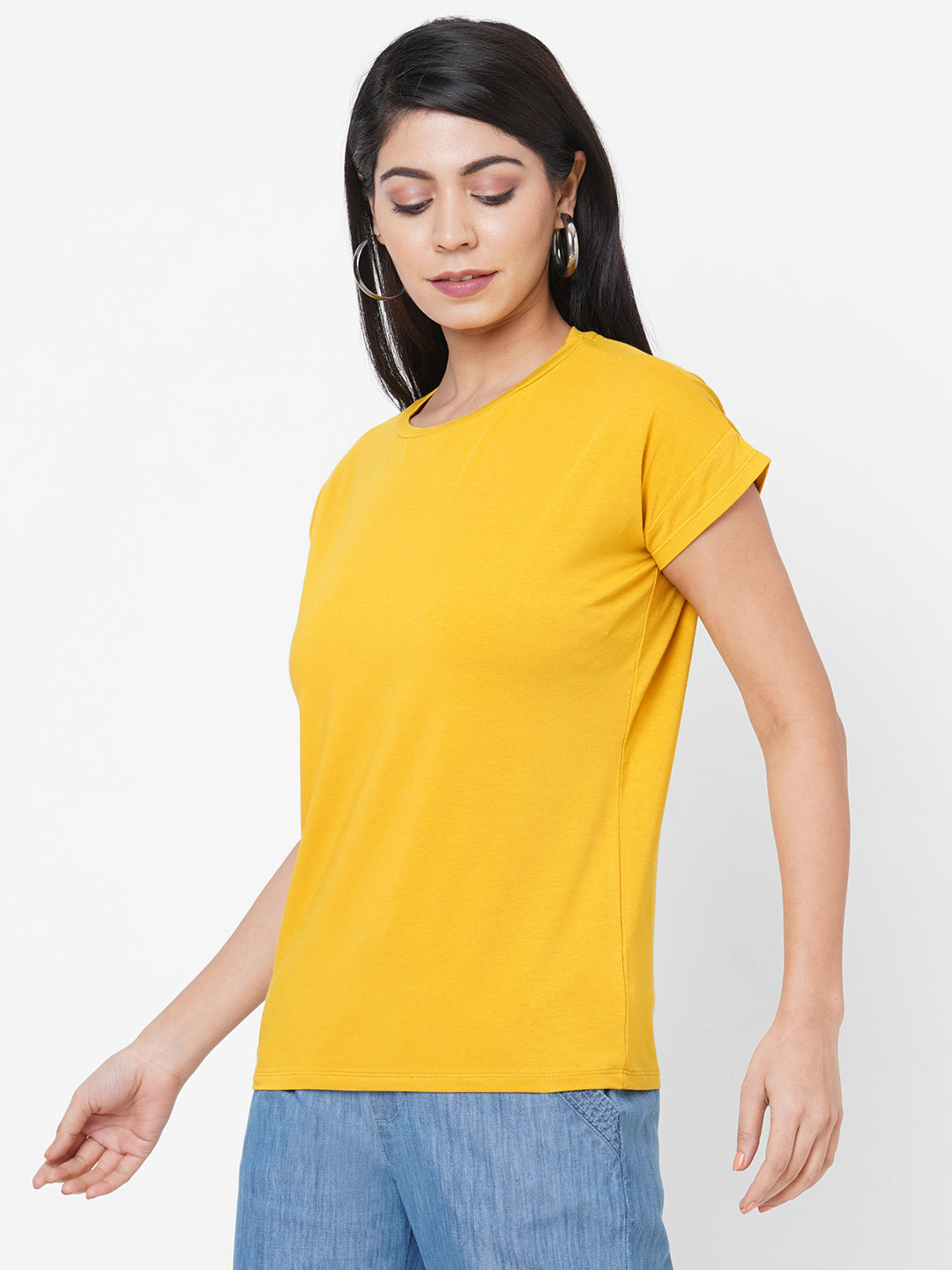 Womens Yellow Bamboo Cotton Elastane Regular Fit Tshirt