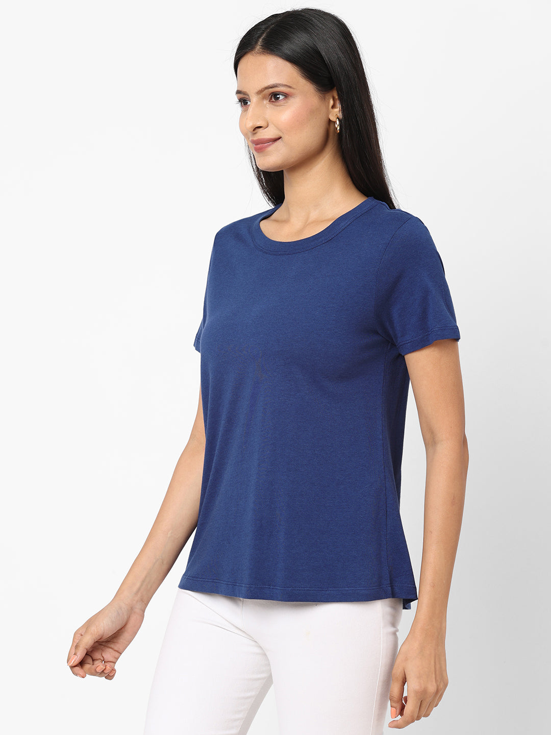 Womens Blue Cotton Modal Regular Fit Tshirt