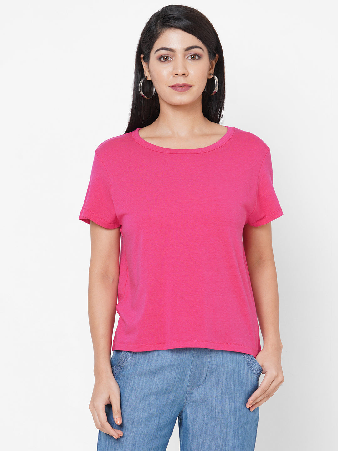 Womens Bamboo Cotton Elastane  Deep Pink Regular Fit Tshirt