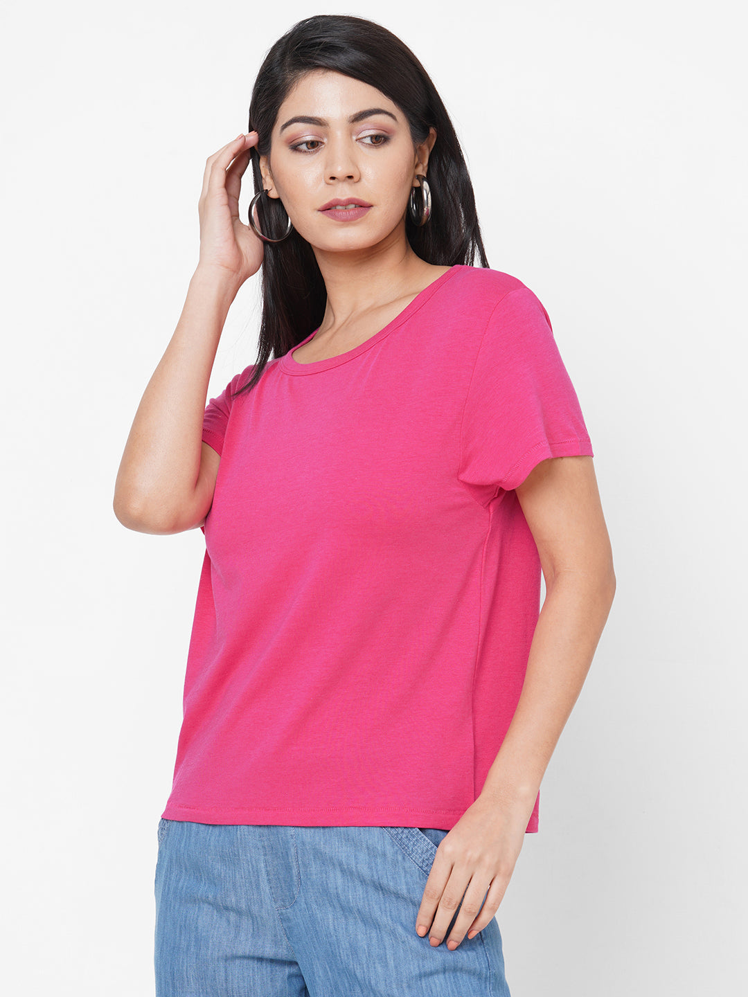 Womens Bamboo Cotton Elastane  Deep Pink Regular Fit Tshirt