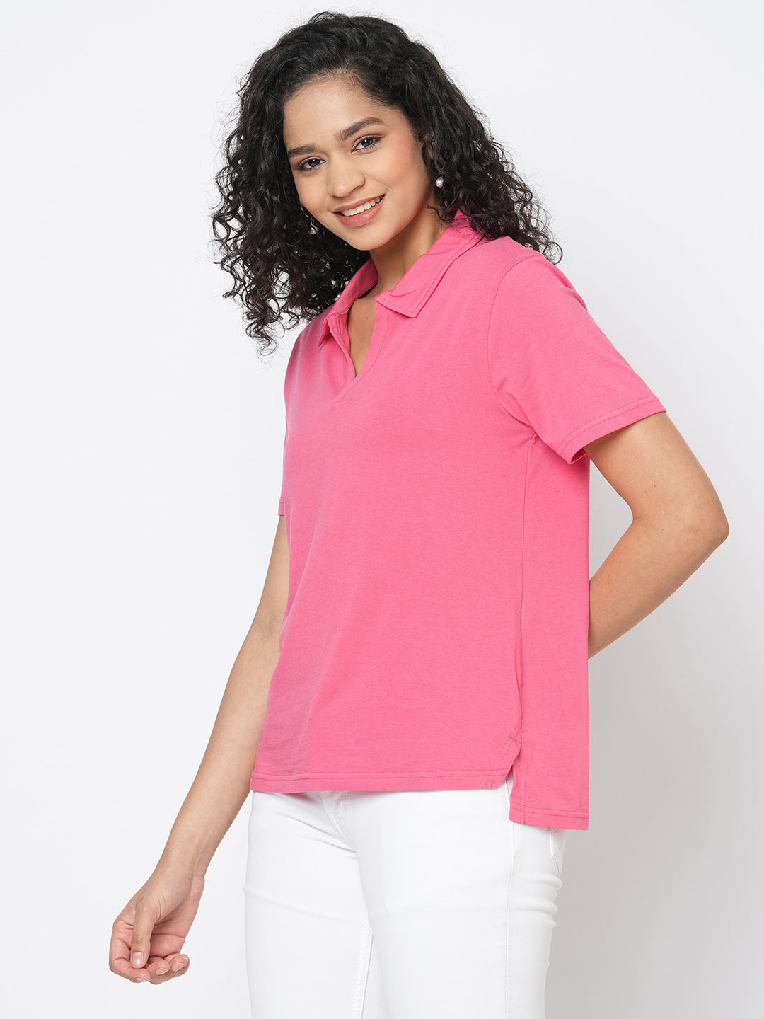 Womens Cotton Elastane Pink Regular Fit Tshirt