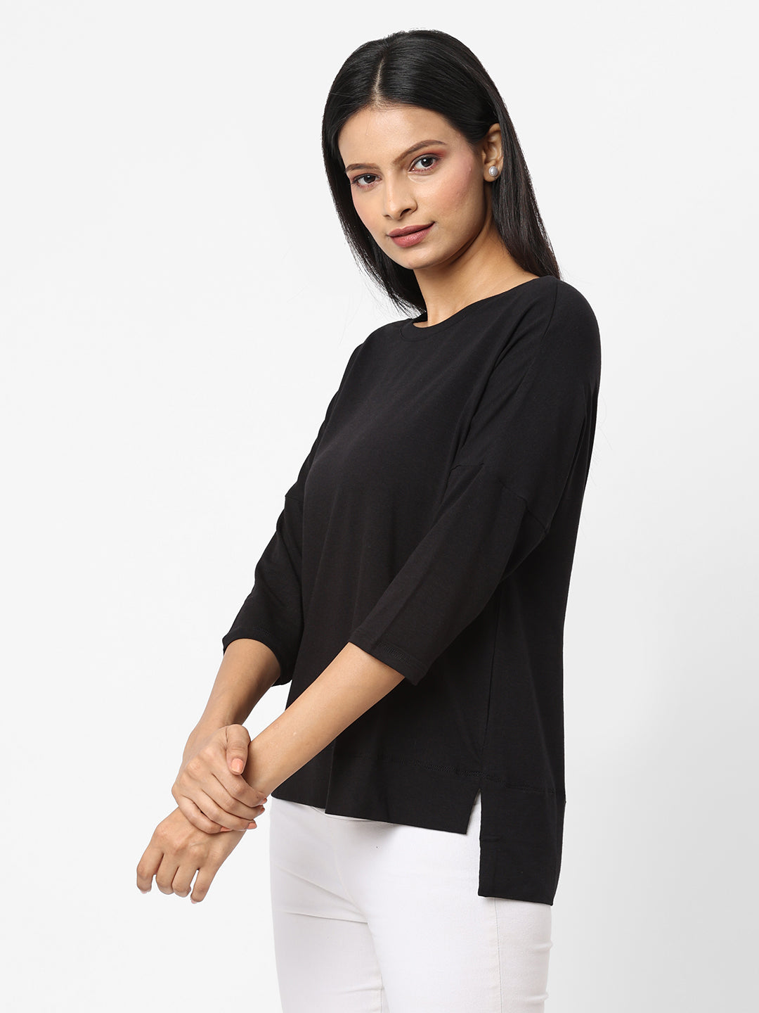 Womens Cotton Bamboo Elastane  Black Regular Fit Tshirt