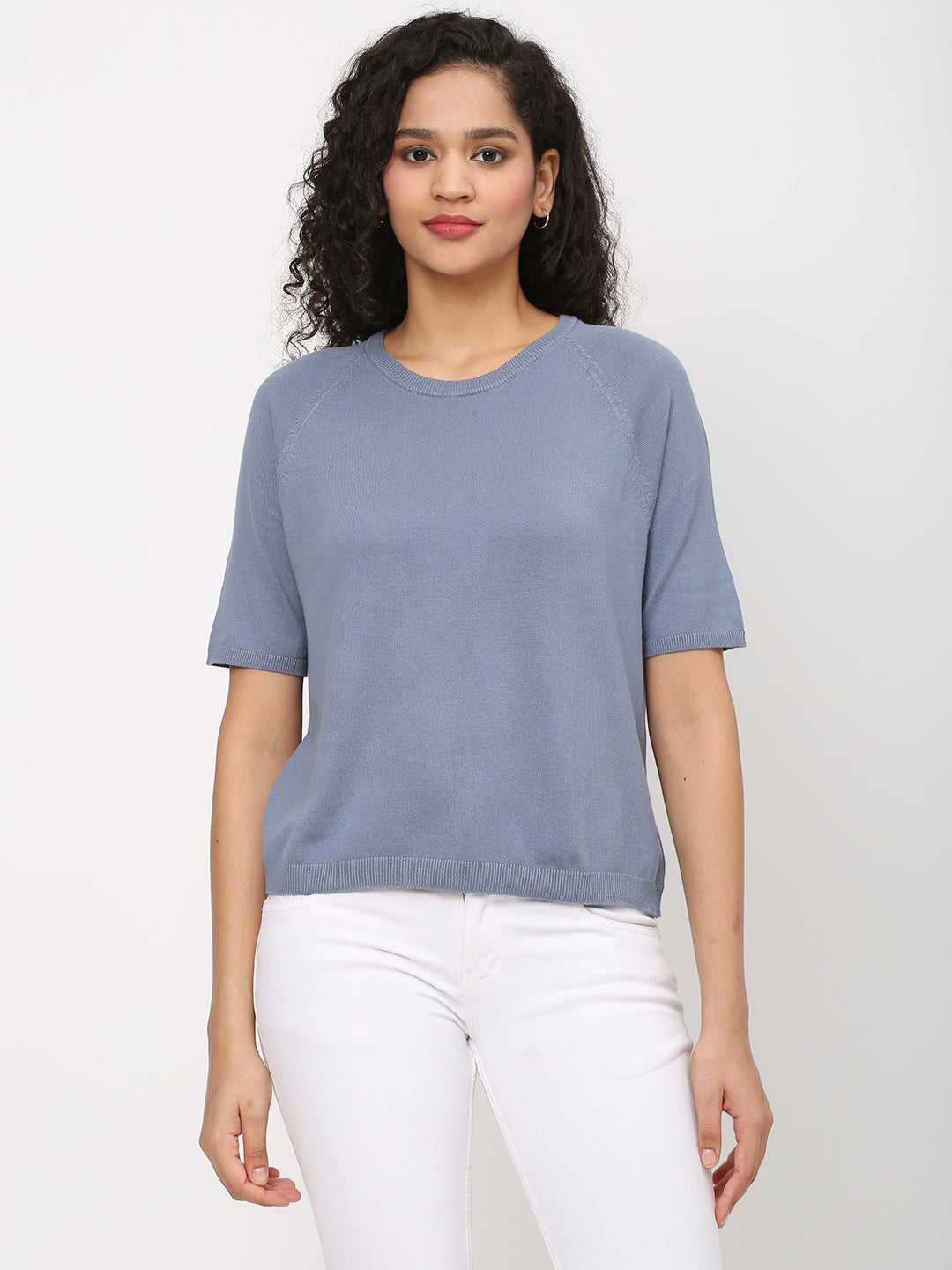 Womens Cotton Polymide Blue Regular Fit Tshirt