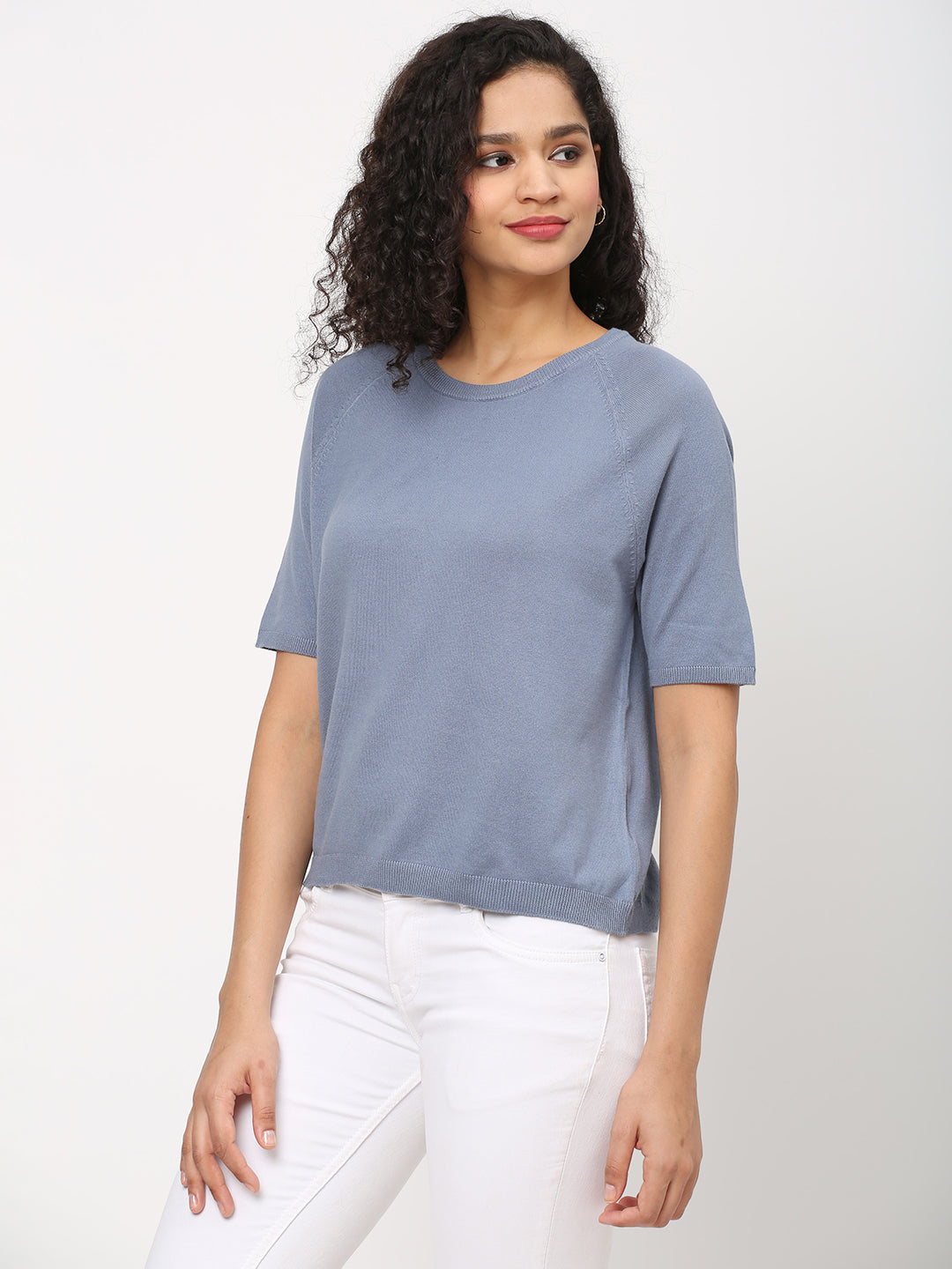 Womens Cotton Polymide Blue Regular Fit Tshirt