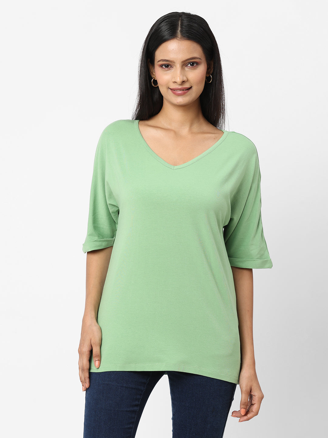 Womens Cotton Bamboo Elastane Green Loose Fit Tshirt