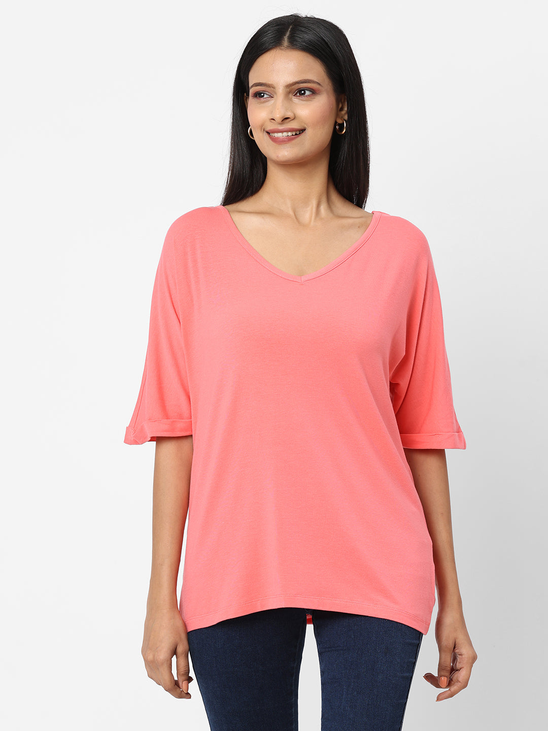 Womens Cotton Bamboo Elastane Pink Loose Fit Tshirt