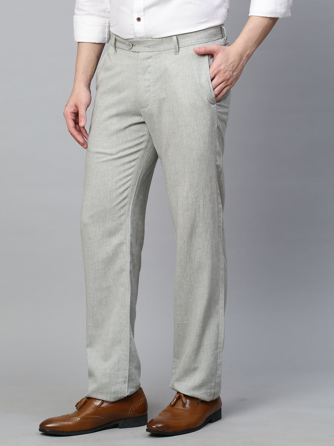 Buy COTTONWORLD Grey Solid Cotton Linen Blend Slim Fit Mens Trousers |  Shoppers Stop
