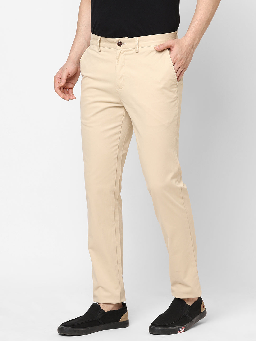 Men's Beige Cotton Lycra Slim Fit Pant