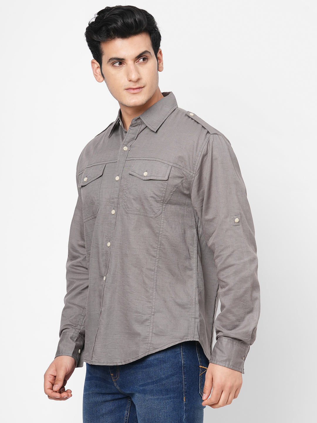 Men's Grey Linen Cotton Regular Fit Shirt