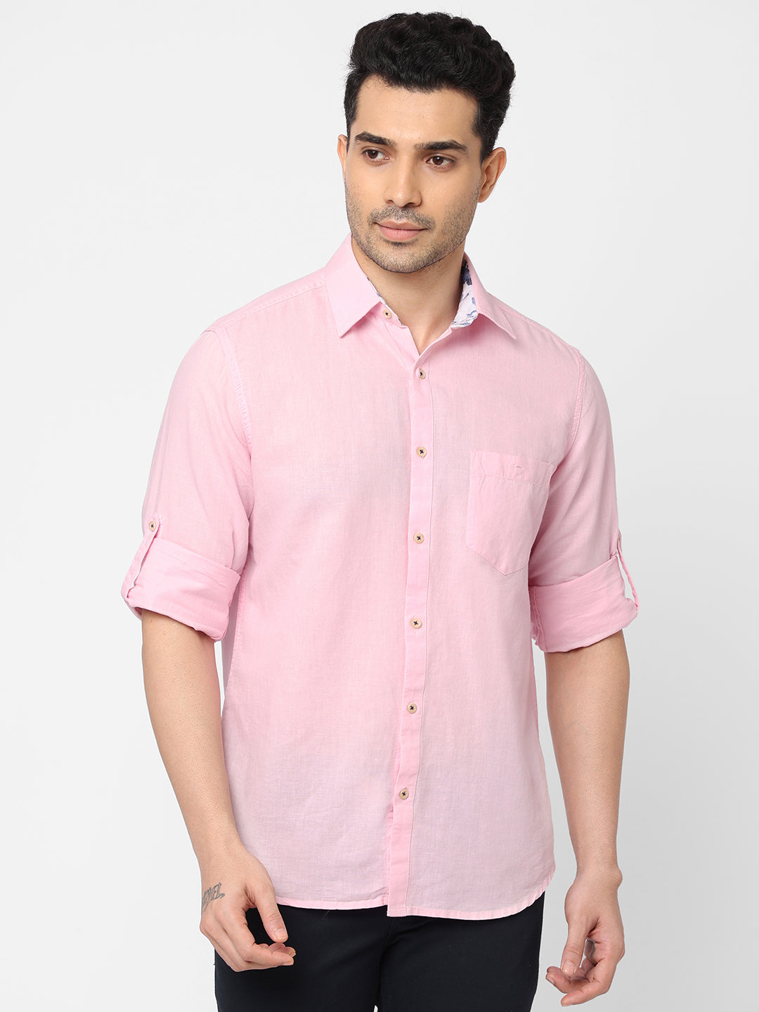 Mens Linen Cotton Pink Regular Fit Shirt
