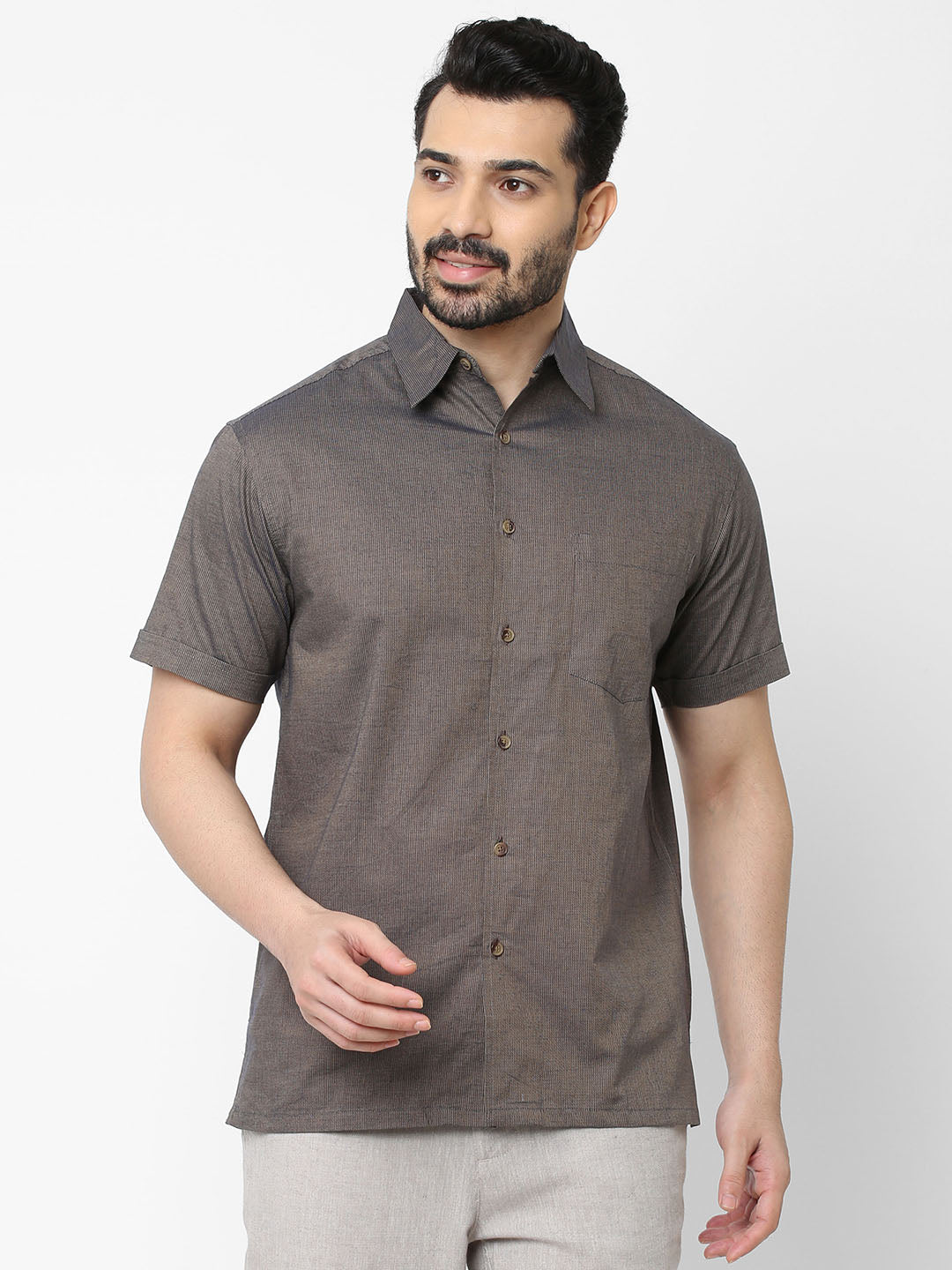 Mens Cotton Brown Regular Fit Self Stripe Short Sleeve Straight Bottom Shirt