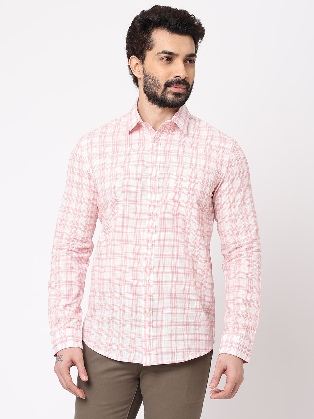 Men's Red Cotton Regular Fit Checked Shirt