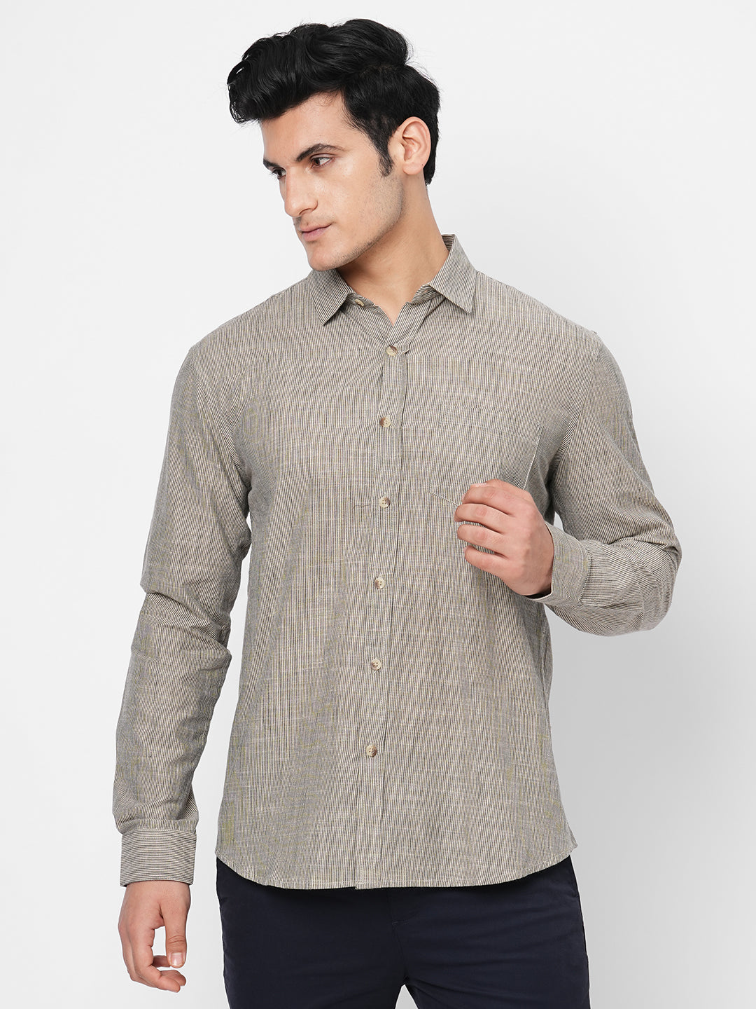 Men's Beige Cotton Regular Fit Striped Shirt