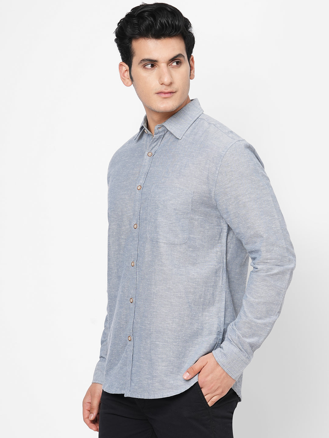 Men's Blue Cotton Linen Regular Fit Shirt