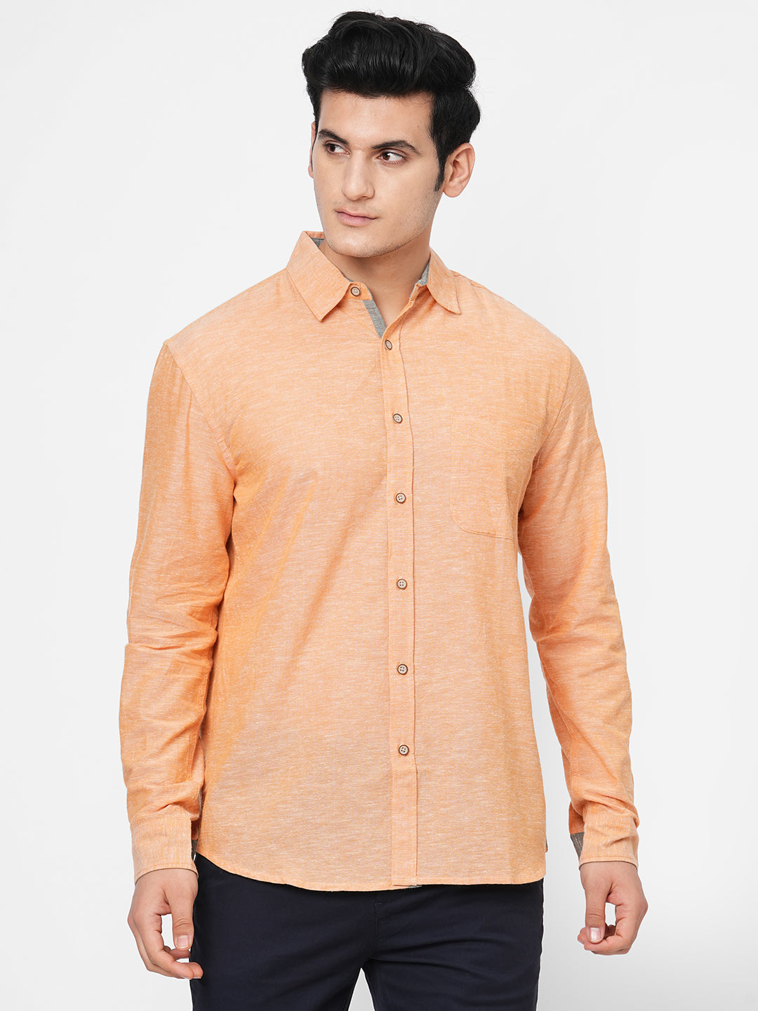 Mens Cotton Linen Orange Regular Fit Shirt