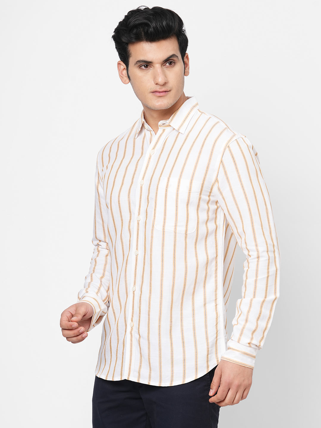 Men's Yellow Linen Viscose Regular Fit Striped Shirt