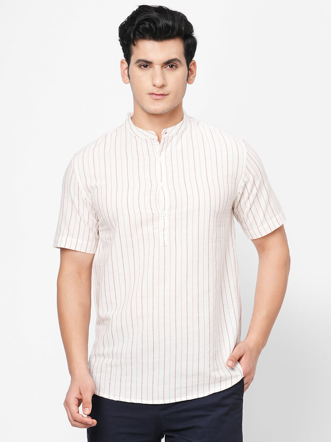 Men's Brick Linen Cotton Regular Fit Striped Shirt