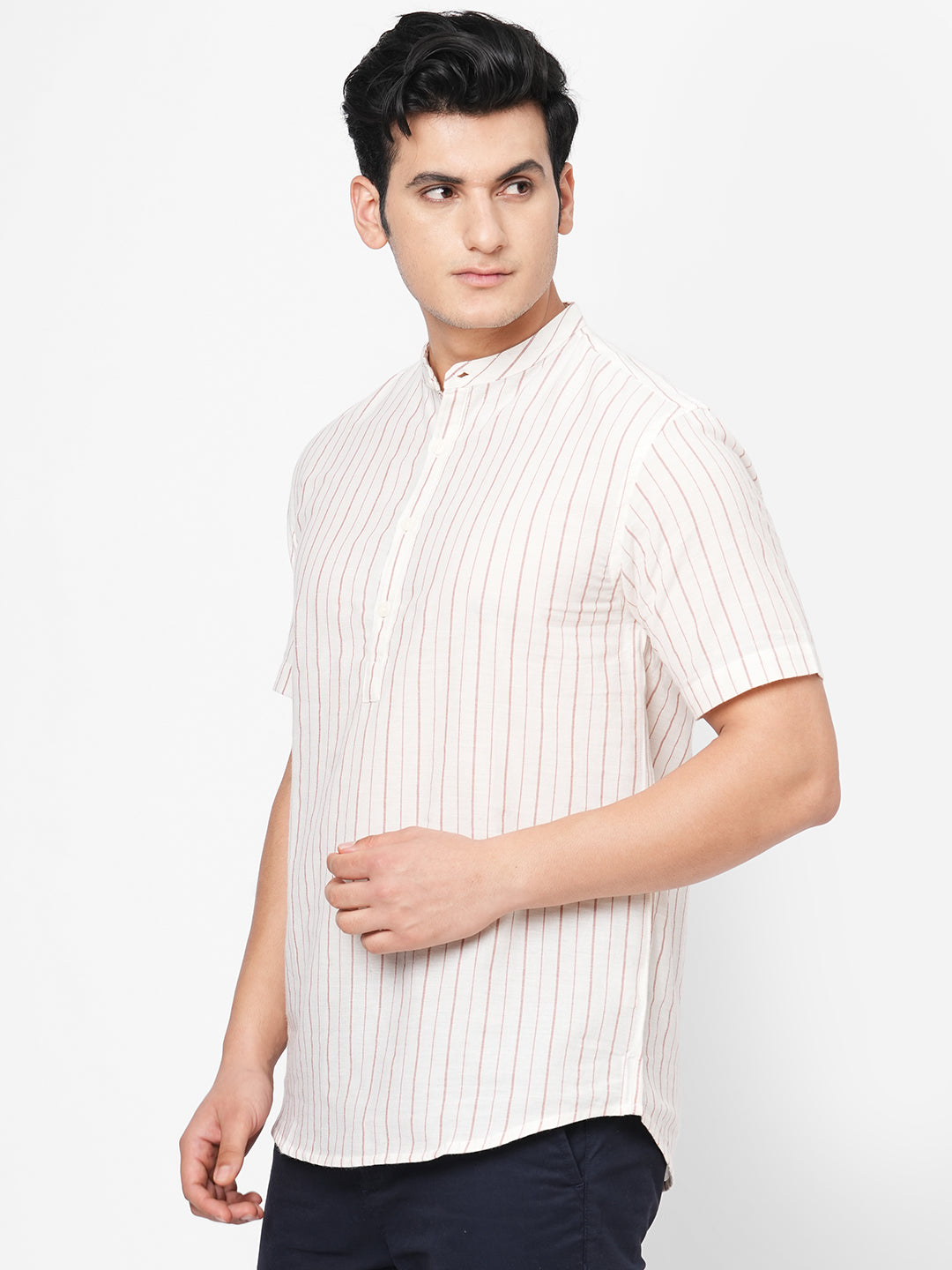 Men's Brick Linen Cotton Regular Fit Striped Shirt