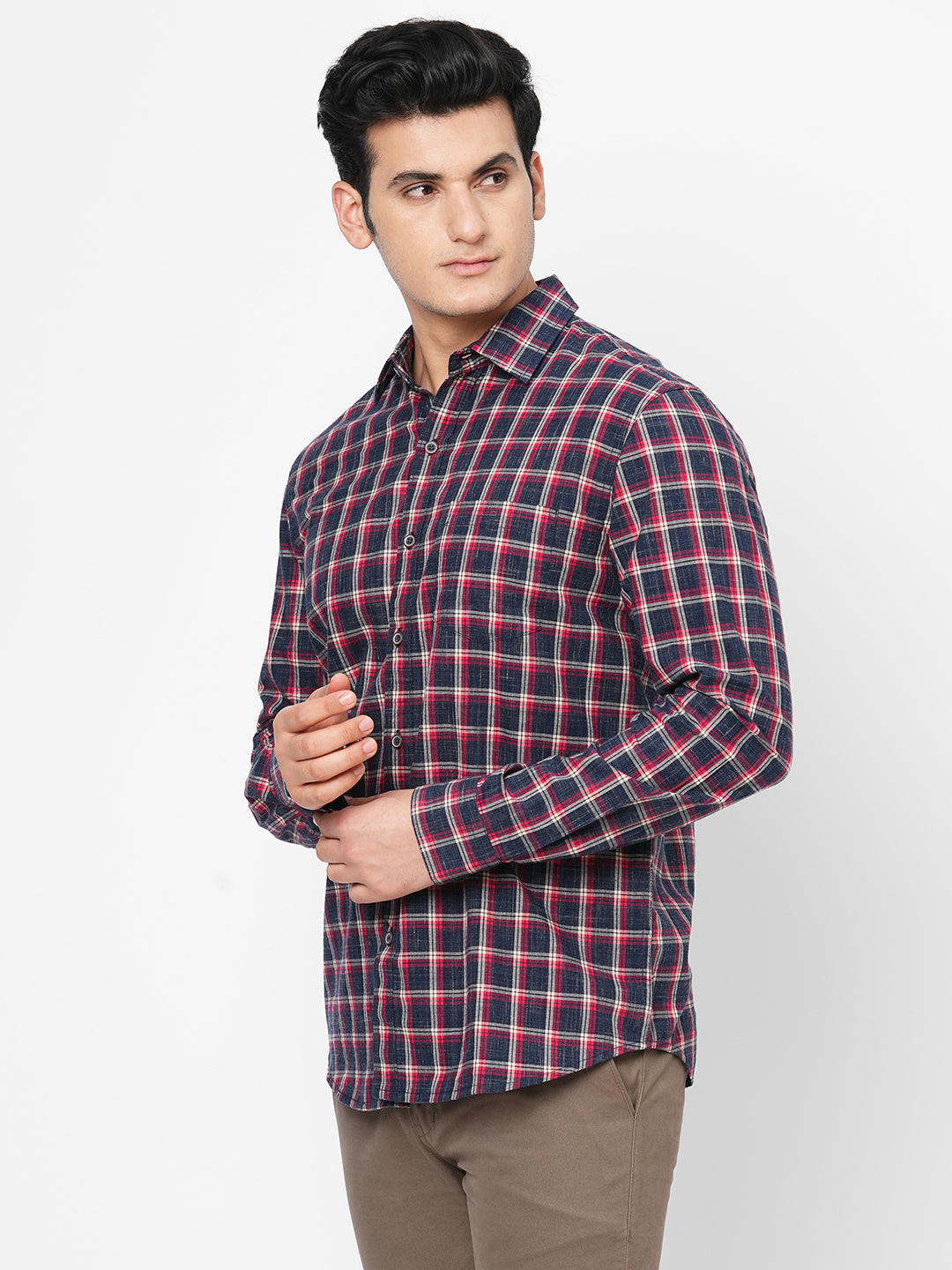 Men's Red Cotton Regular Fit Checked Shirt