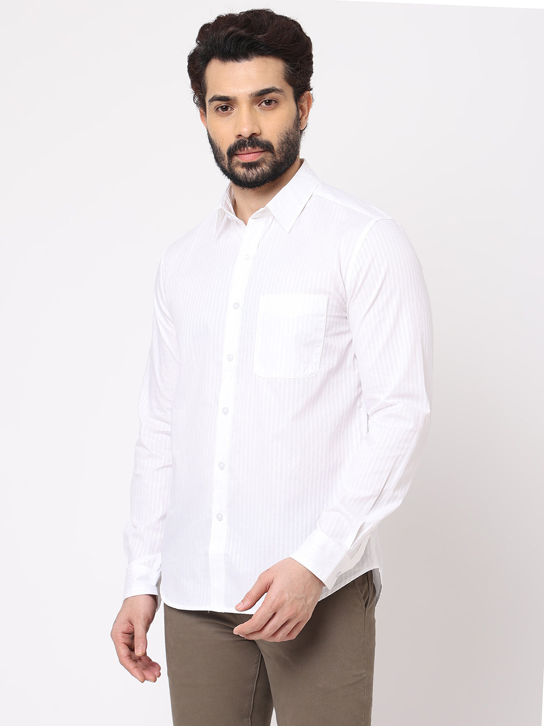Men's White Cotton Regular Fit Striped Shirt