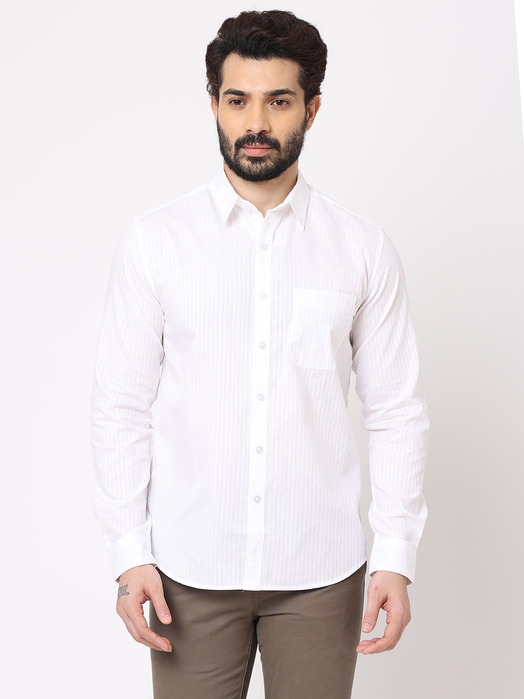 Men's White Cotton Regular Fit Striped Shirt