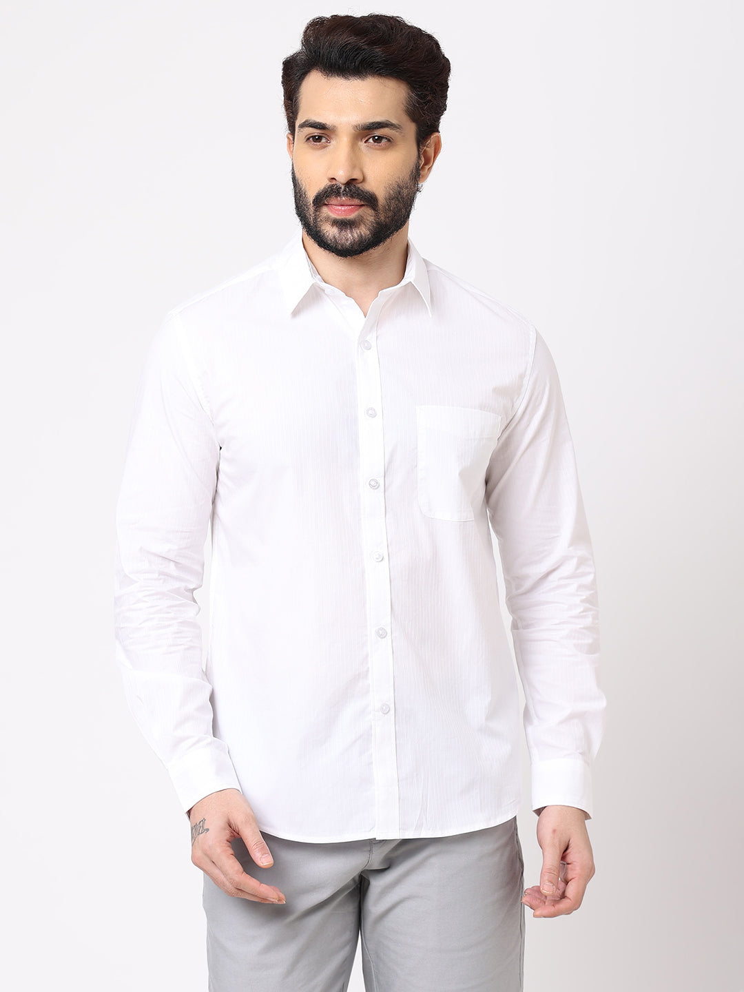 Mens 100% Cotton Self Striped White Dobby Regular Fit Shirt
